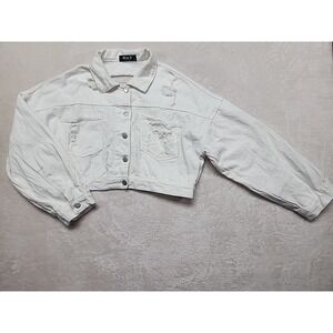 Blue B Collection Crop Denim Jacket Distressed And White Size M/L Bling On Back‎